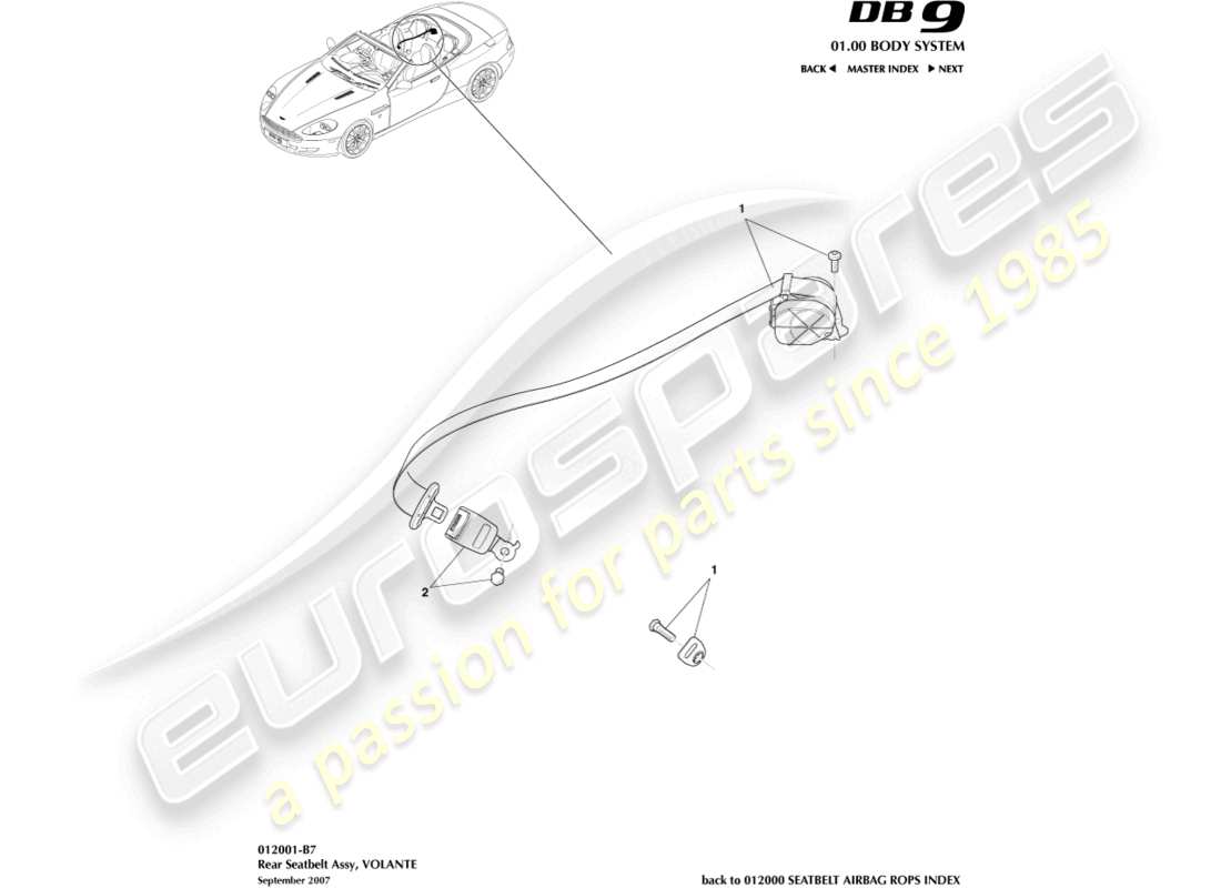 aston martin db9 (2008) rear seat belts, volante part diagram