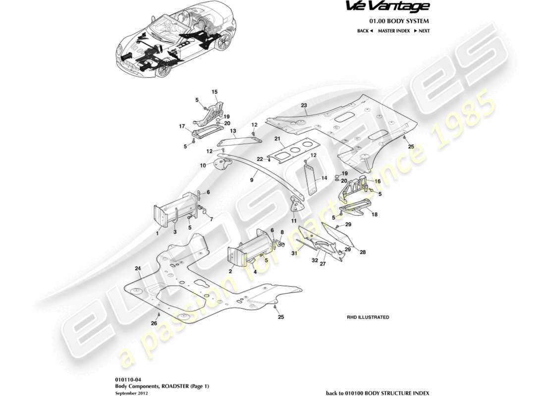 aston martin v12 vantage (2011) body components, roadster part diagram