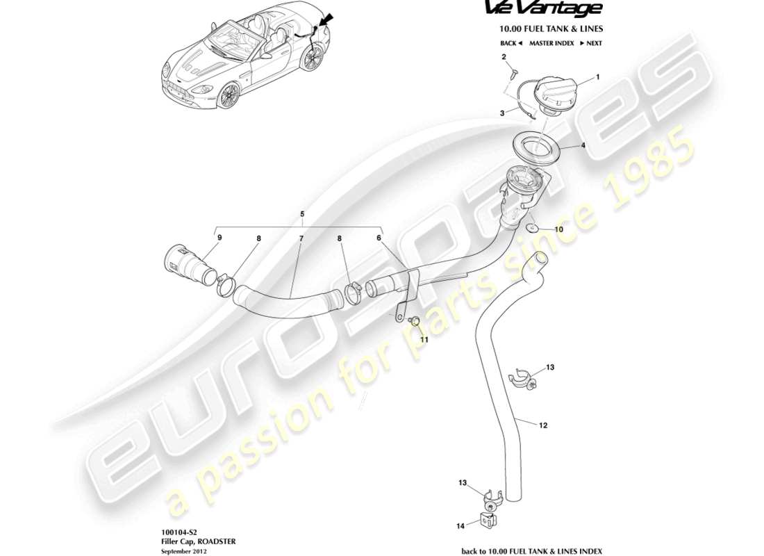 aston martin v12 vantage (2011) fuel filler, roadster part diagram