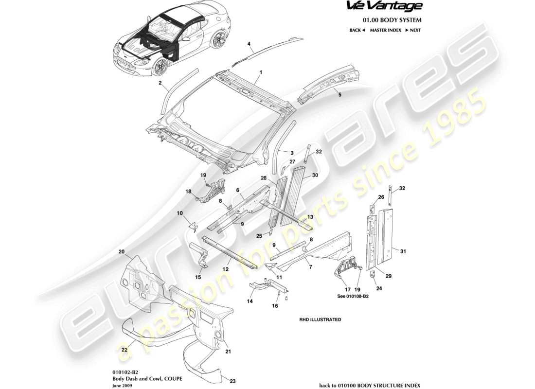 aston martin v12 vantage (2013) body dash and cowl, coupe part diagram