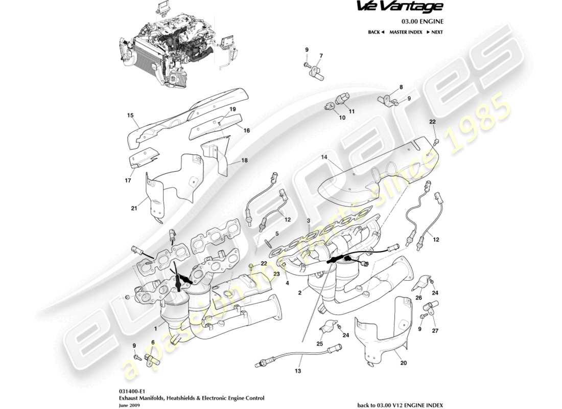 aston martin v12 vantage (2011) exhaust manifolds part diagram