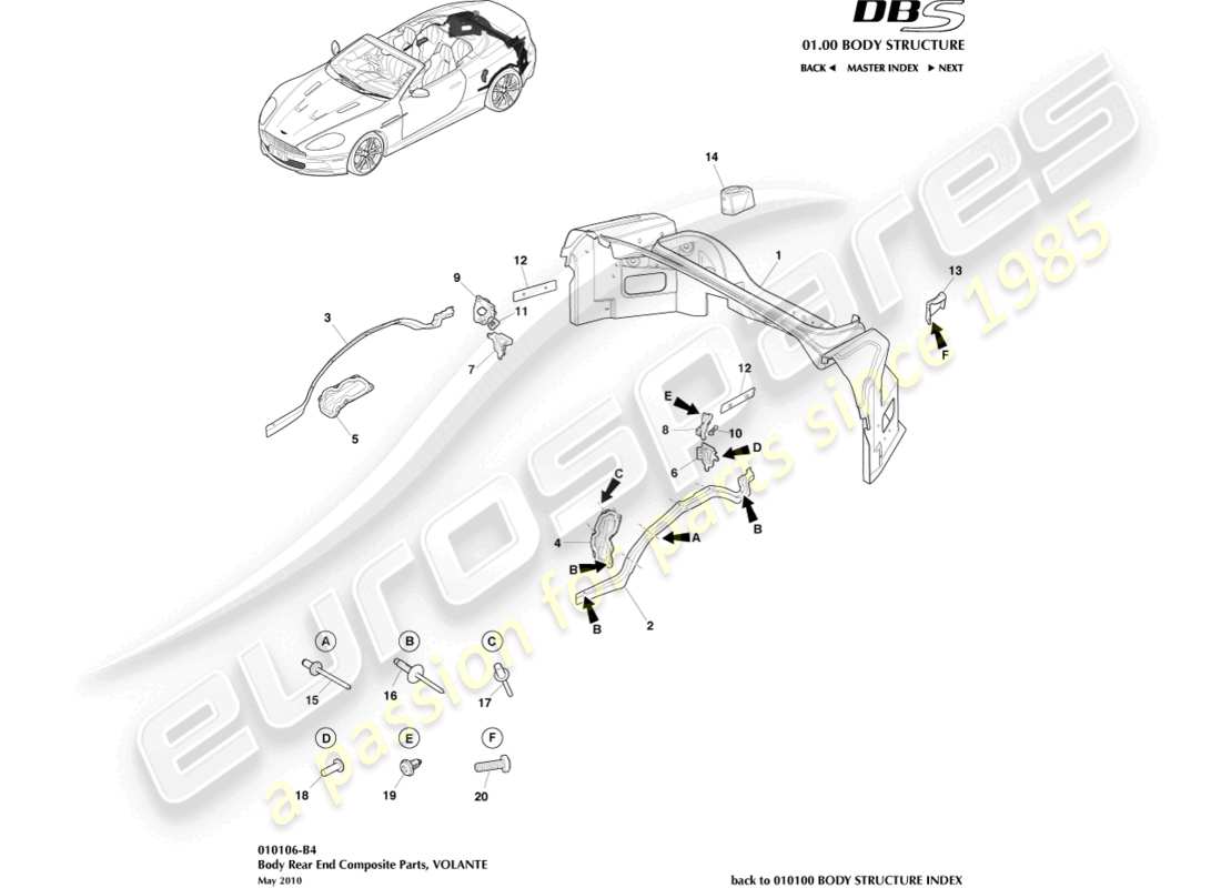 aston martin dbs (2014) body rear end composite, volante part diagram