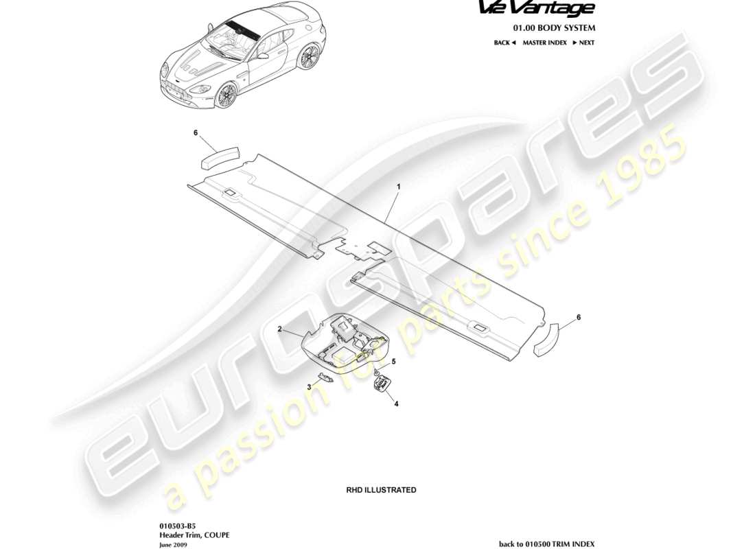 aston martin v12 vantage (2013) header trim, coupe part diagram