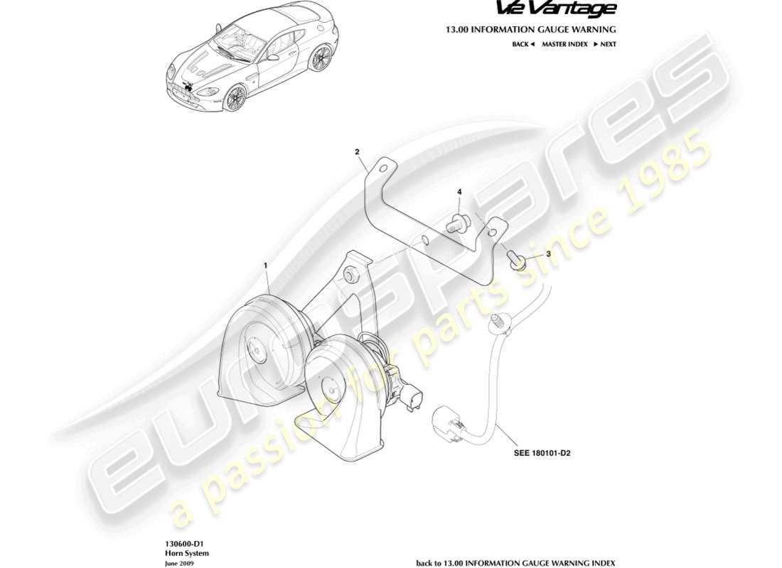 aston martin v12 vantage (2013) horn system part diagram