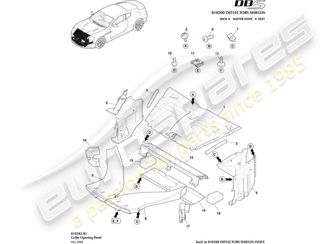 aston martin dbs (2007) grille opening panel part diagram