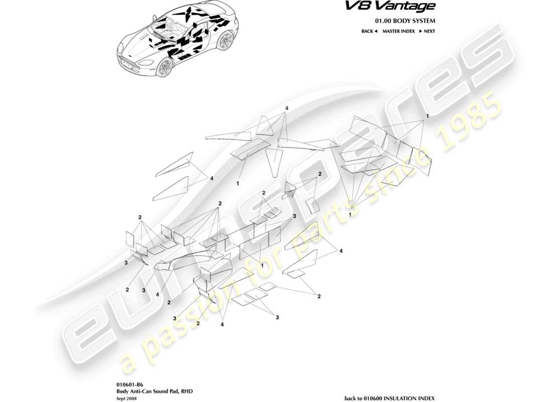 aston martin v8 vantage (2006) anti-can sound pads, rhd parts diagram