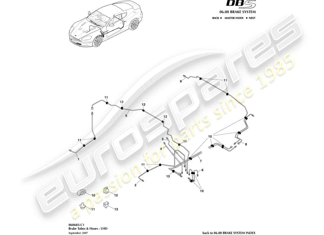aston martin dbs (2007) brake lines & hoses, lhd part diagram