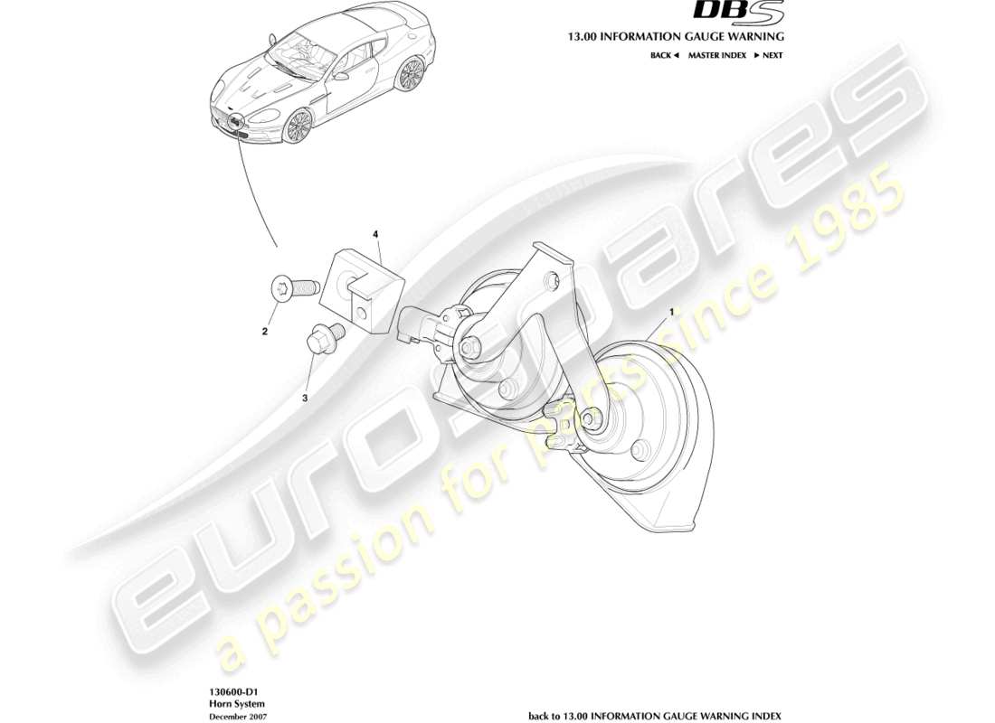 aston martin dbs (2007) horn system part diagram