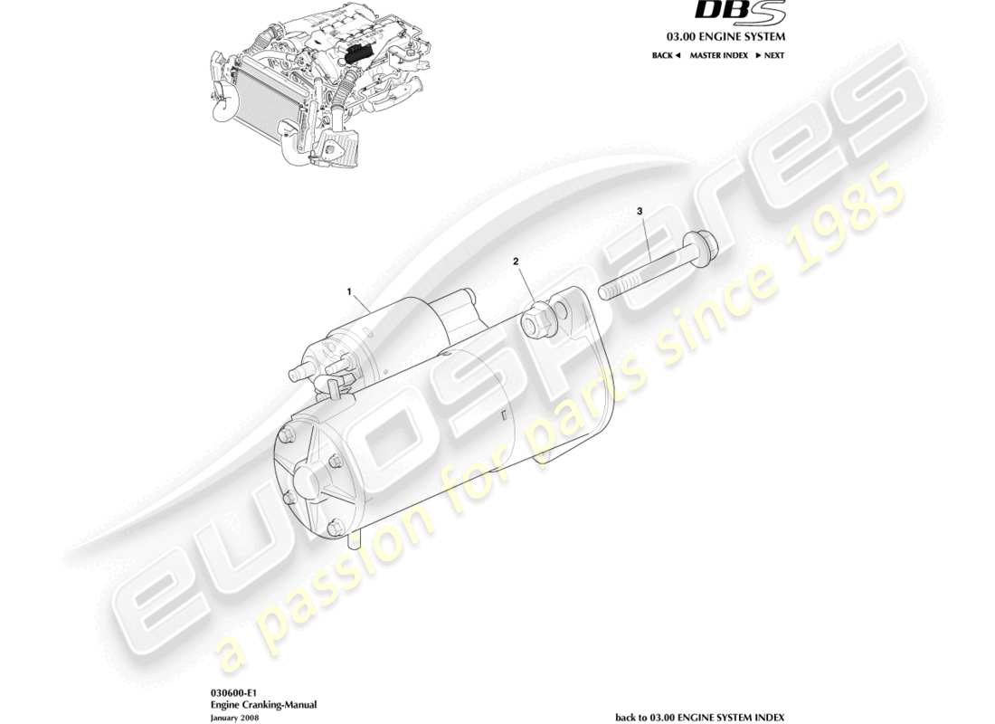 aston martin dbs (2007) starter motor, manual part diagram