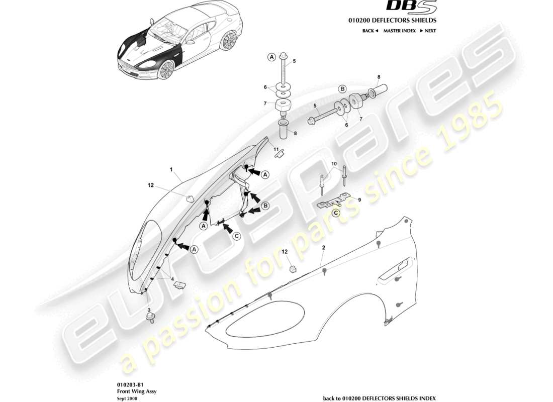 aston martin dbs (2007) front wing assembly part diagram