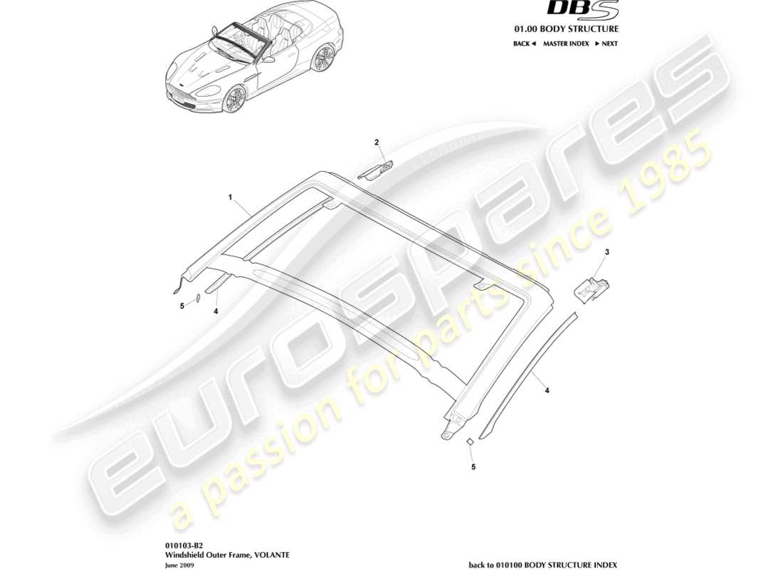 aston martin dbs (2007) windscreen, outer, volante part diagram