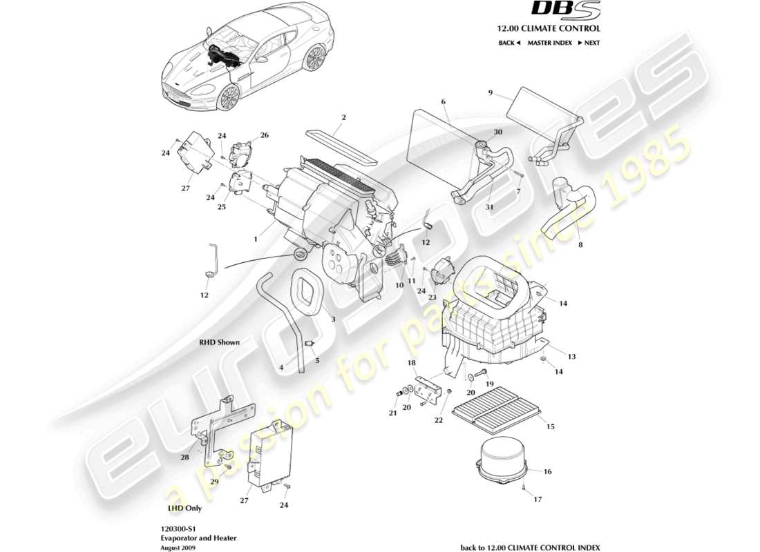 aston martin dbs (2007) evaporator & heater part diagram