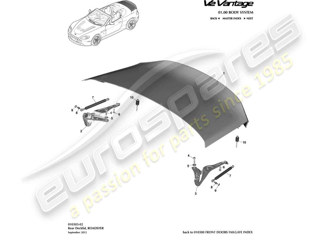 aston martin v12 vantage (2013) deck lid, roadster part diagram