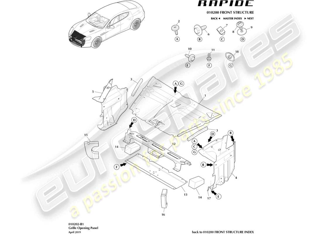 aston martin rapide (2013) grille opening panel part diagram