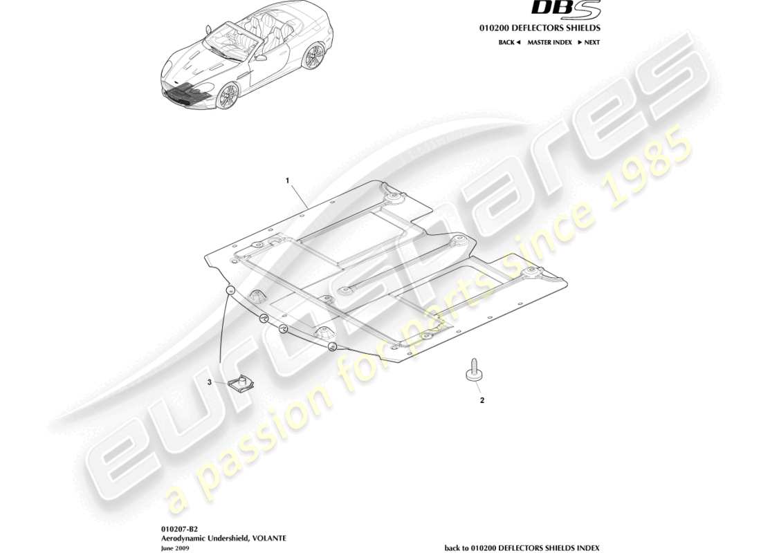 aston martin dbs (2011) front undershield, volante part diagram