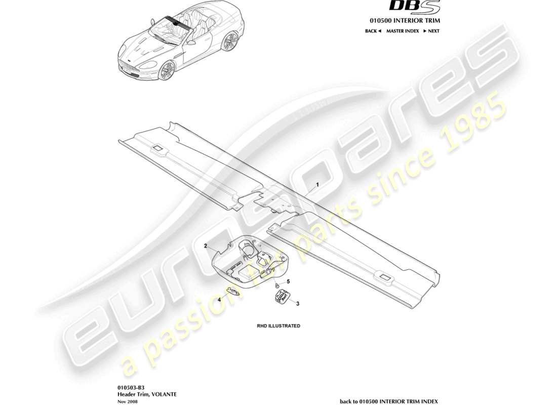 aston martin dbs (2011) header trim, volante part diagram