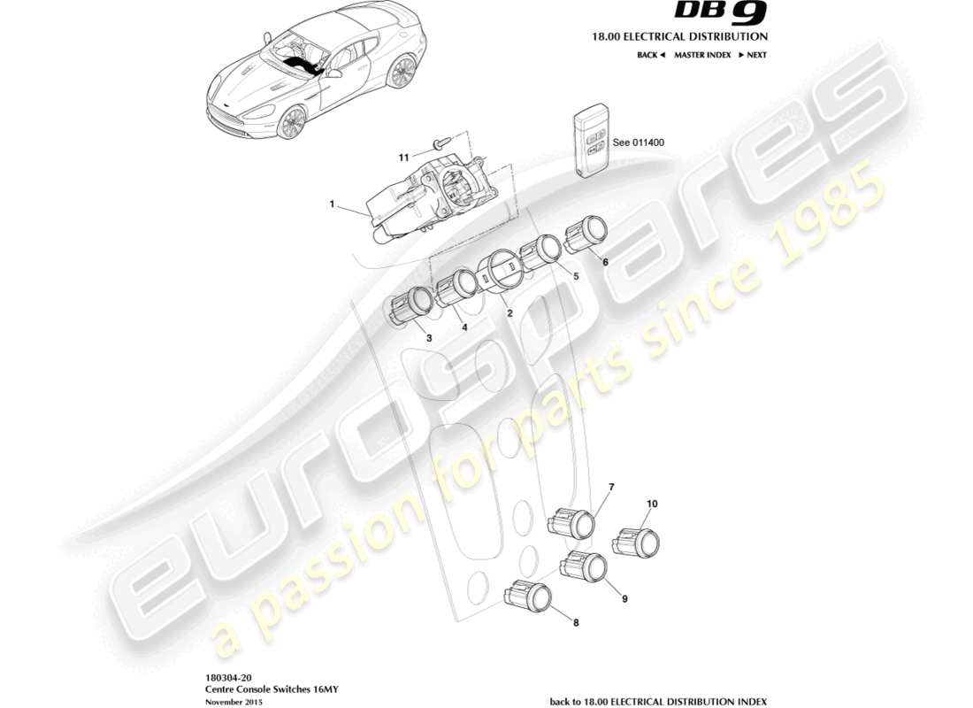aston martin db9 (2013) centre console switches, 16my on part diagram