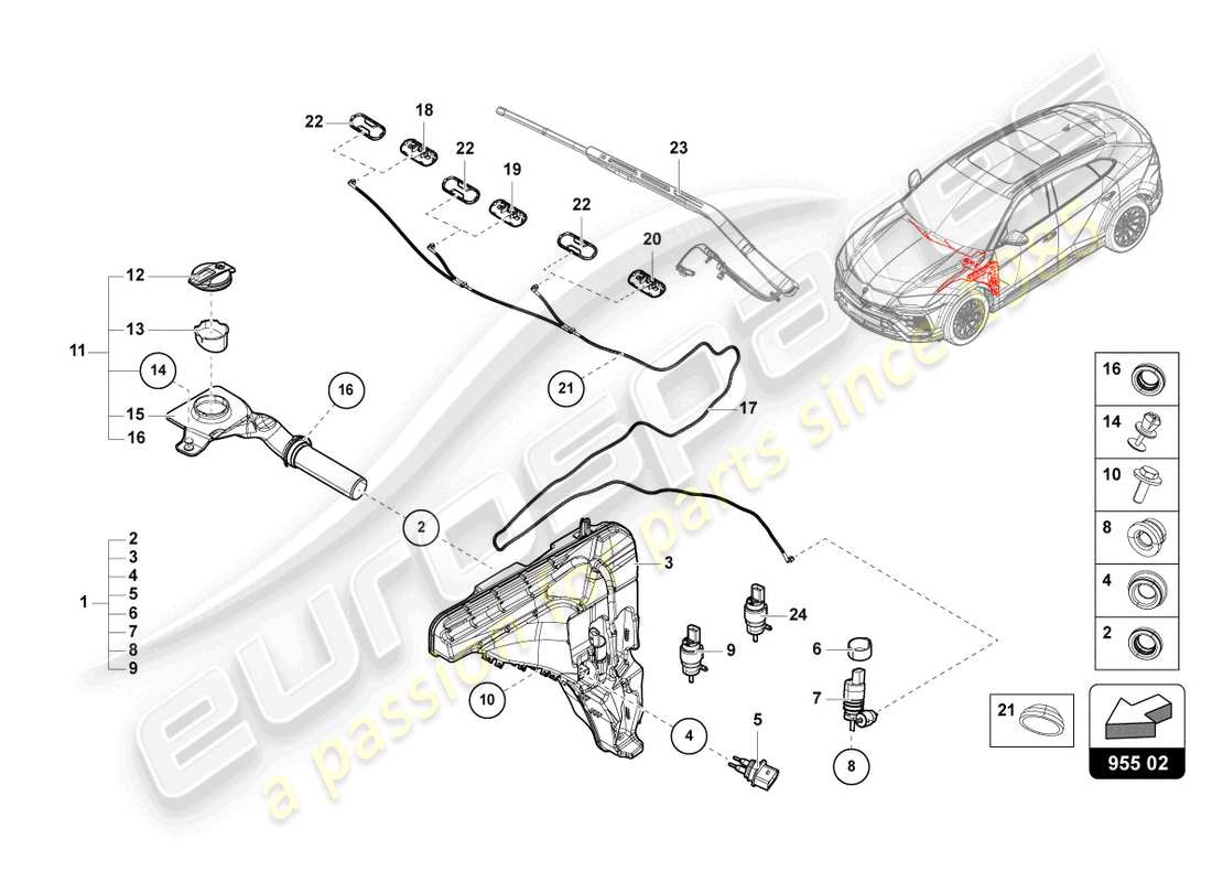 lamborghini urus (2022) windscreen washer system part diagram