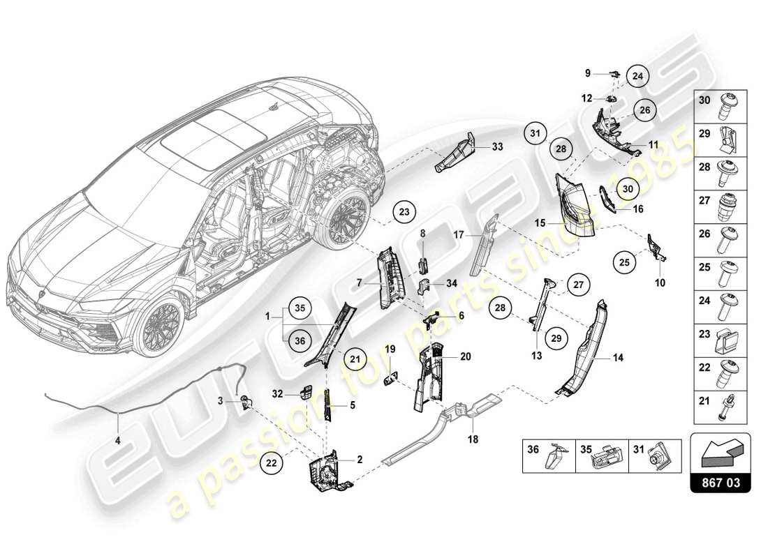 lamborghini urus (2022) pillar trim part diagram