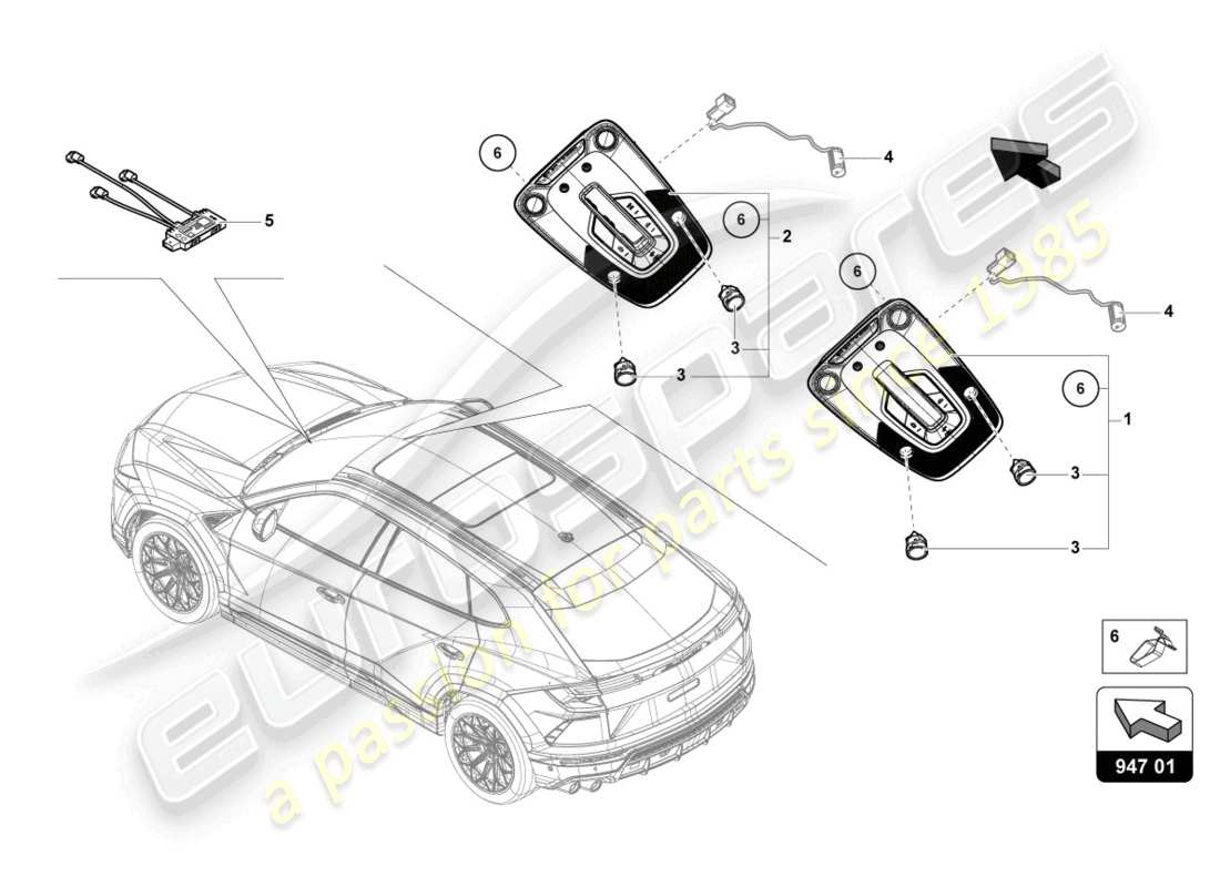 lamborghini urus (2020) interior and reading light parts diagram