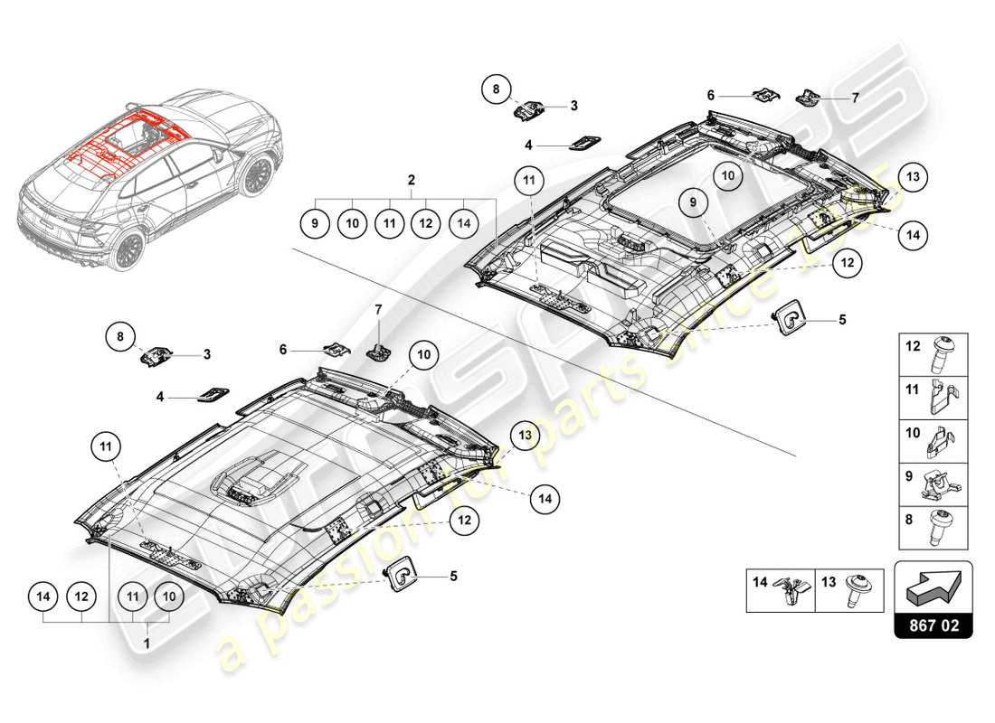 lamborghini urus (2022) roof trim part diagram