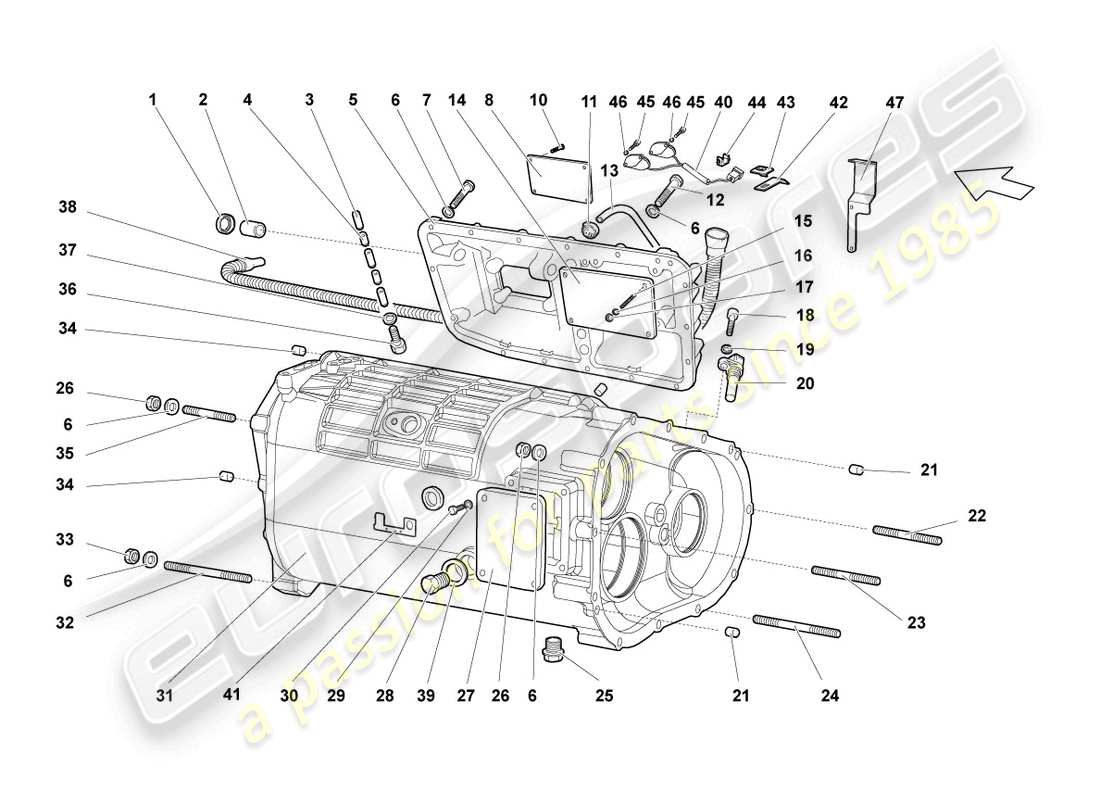 lamborghini lp640 roadster (2010) gearbox housing and attachments part diagram