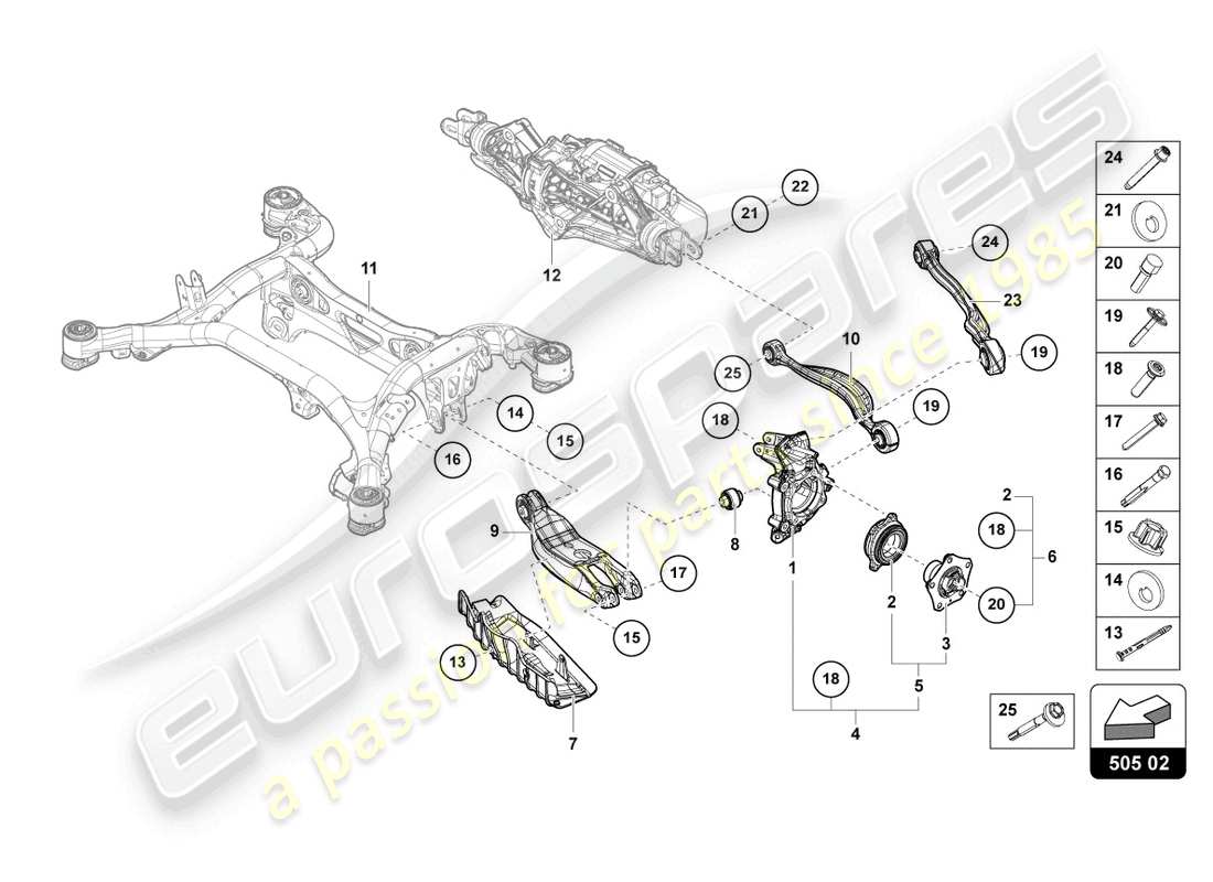 lamborghini urus (2022) wheel hub with bearing and control arm part diagram