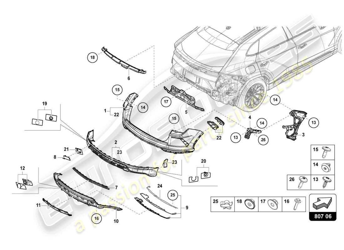 lamborghini urus (2022) bumper, complete rear part diagram