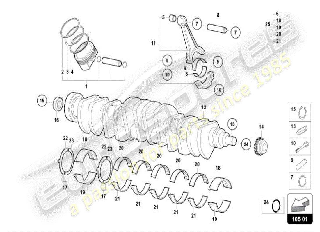lamborghini diablo vt (1996) crankshaft with bearings parts diagram