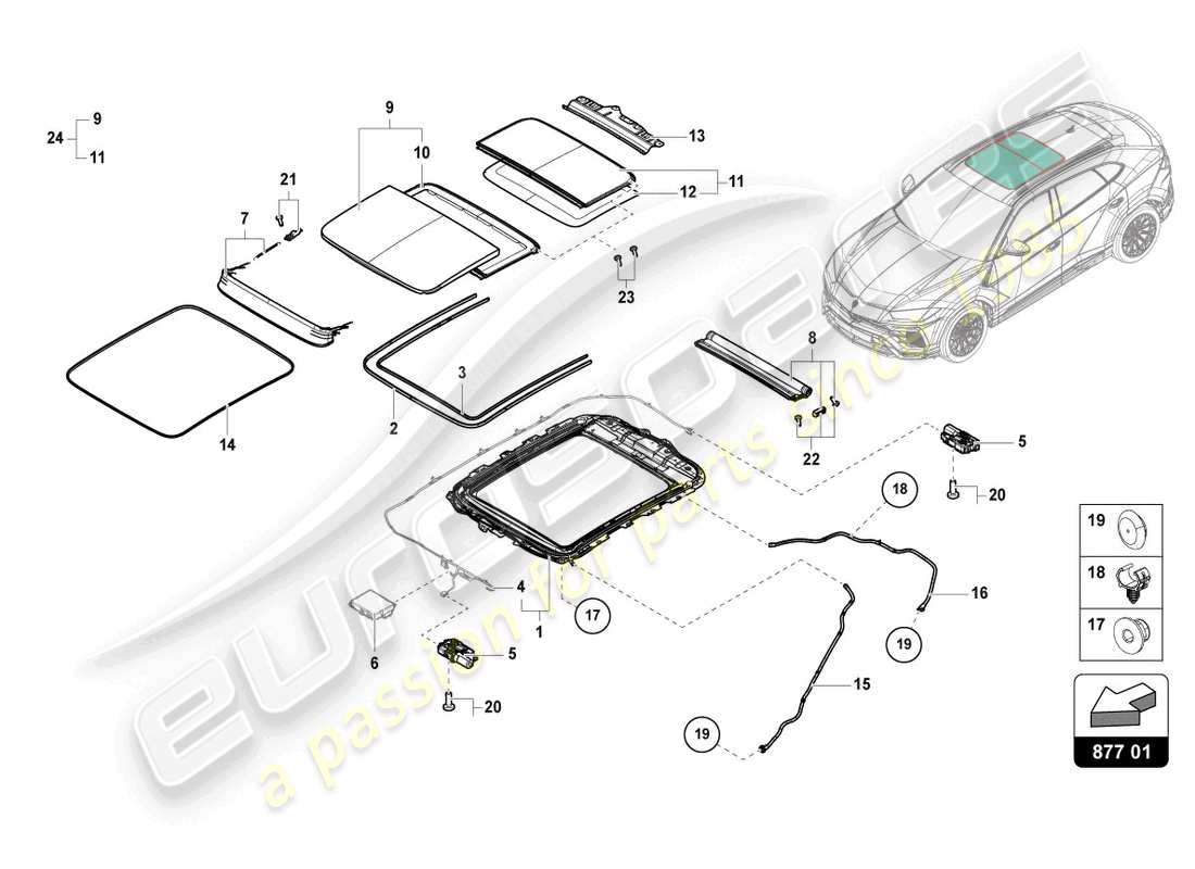 lamborghini urus (2022) glass sunroof part diagram