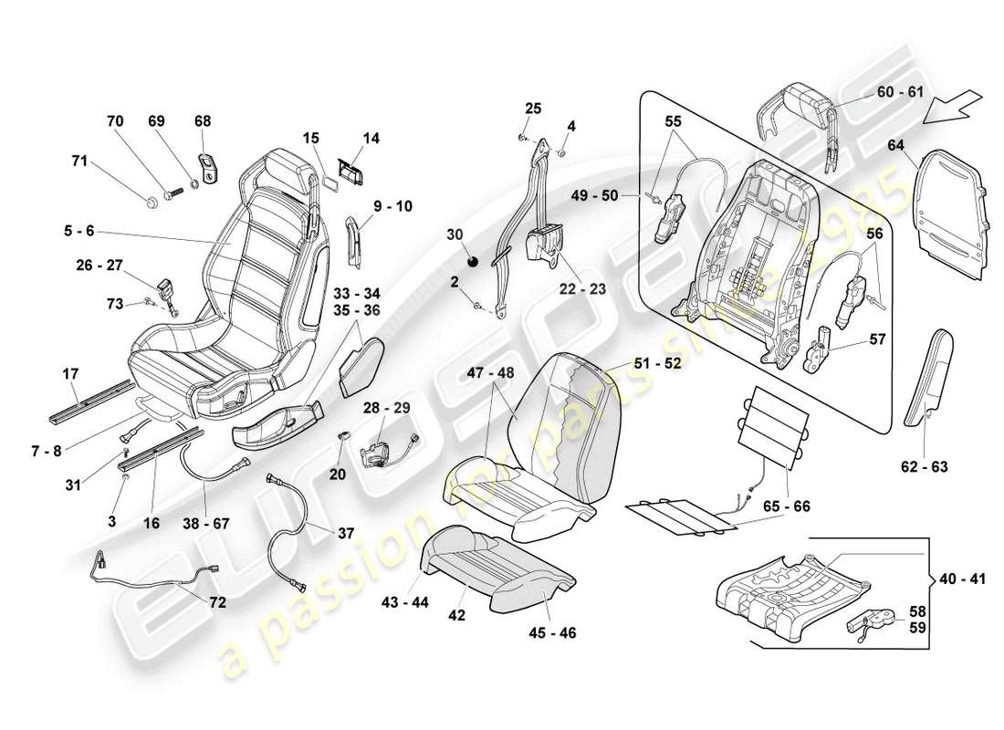 lamborghini gallardo spyder (2008) seat, complete parts diagram