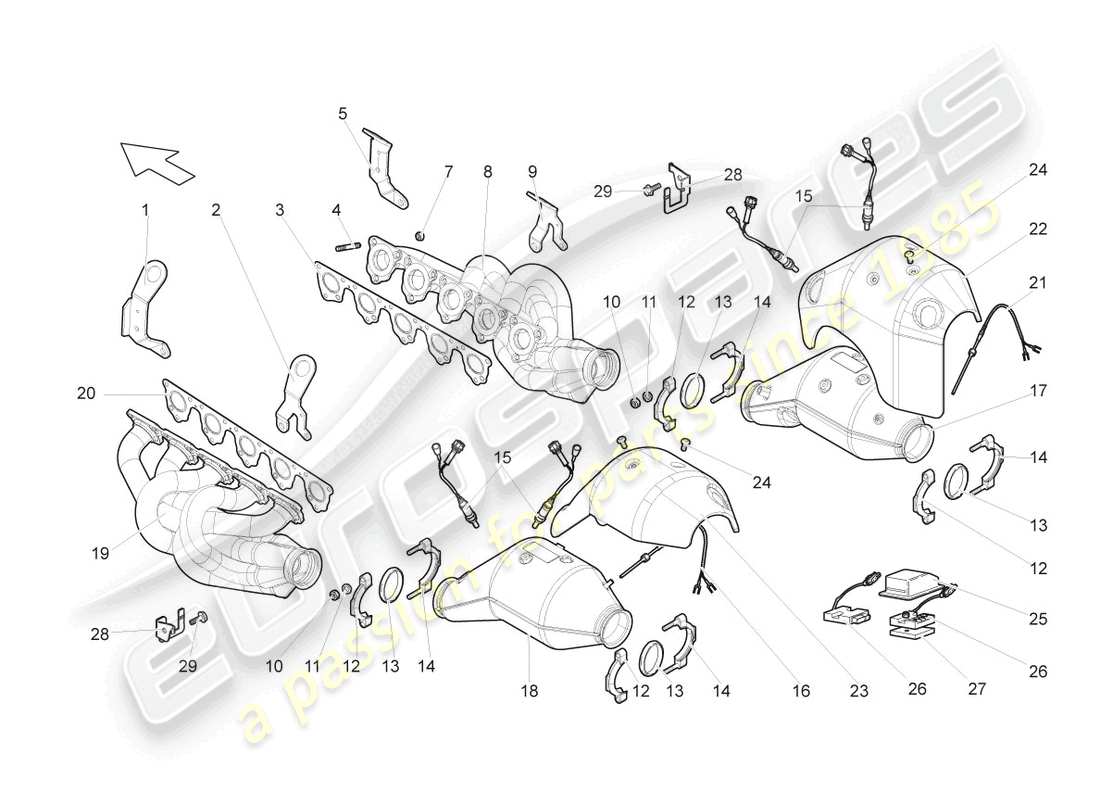 lamborghini gallardo spyder (2008) exhaust manifolds part diagram