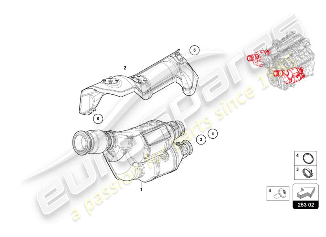 lamborghini revuelto coupe (2024) exhaust pipe with catalyst parts diagram