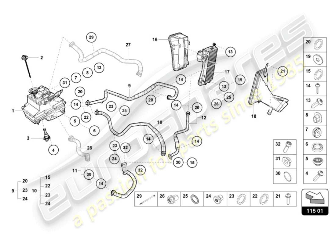 lamborghini 2024 (evo spyder) hydraulic system and fluid container with connect. pieces part diagram