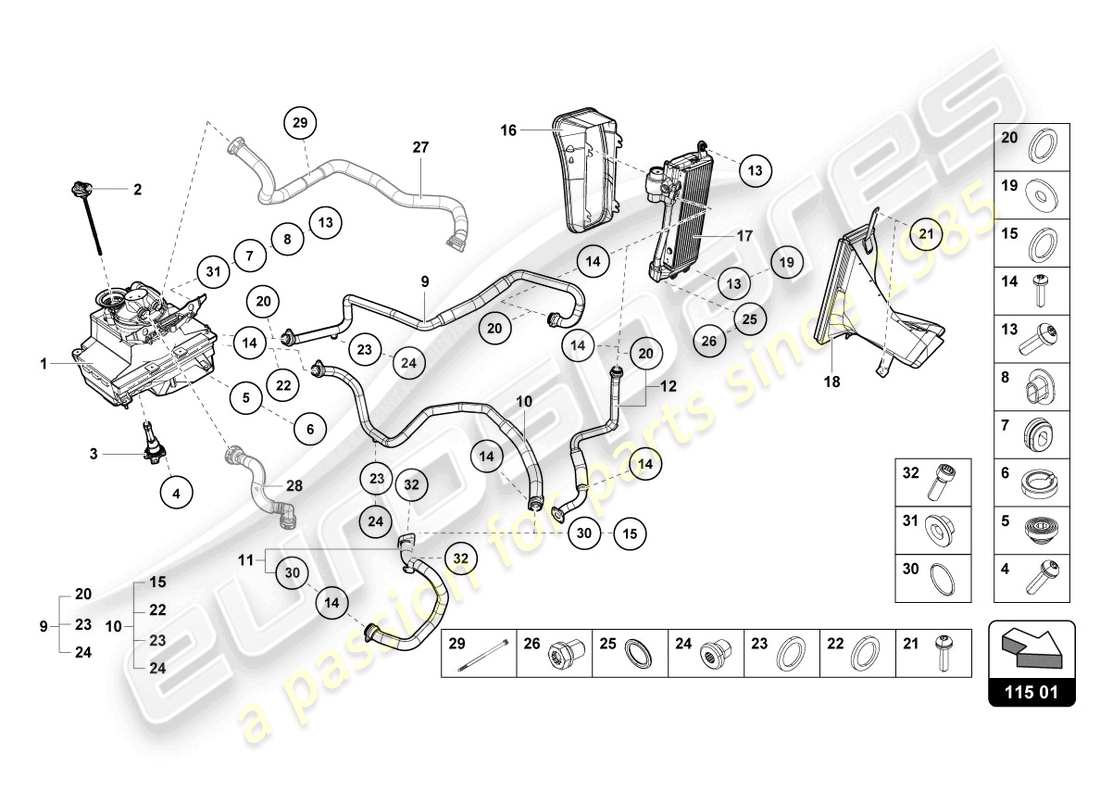 lamborghini 2022 (evo spyder) hydraulic system and fluid container with connect. pieces part diagram