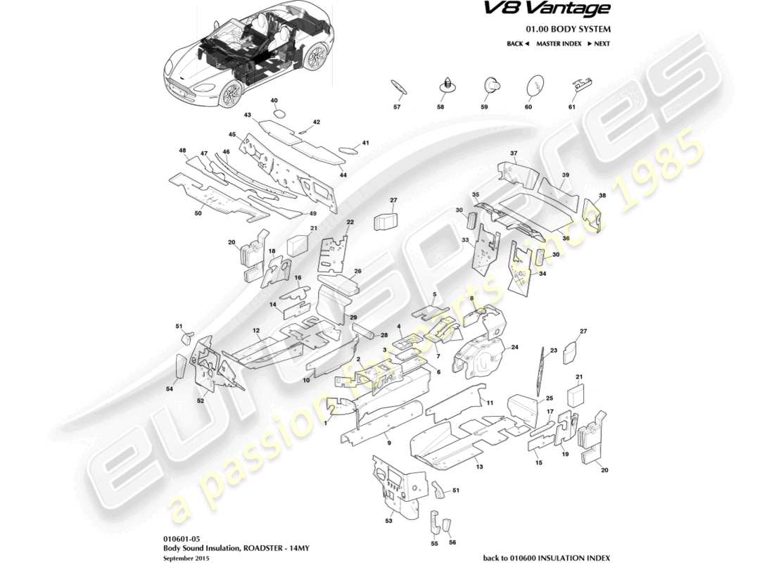 aston martin v8 vantage (2006) body insulation, roadster, 14my parts diagram