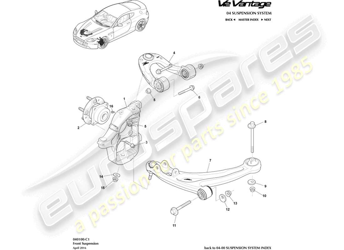 aston martin v12 vantage (2011) front suspension assembly part diagram