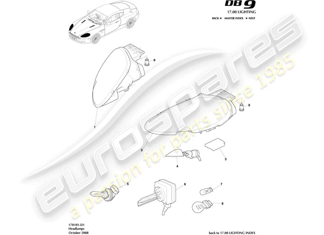 aston martin db9 (2004) headlights parts diagram