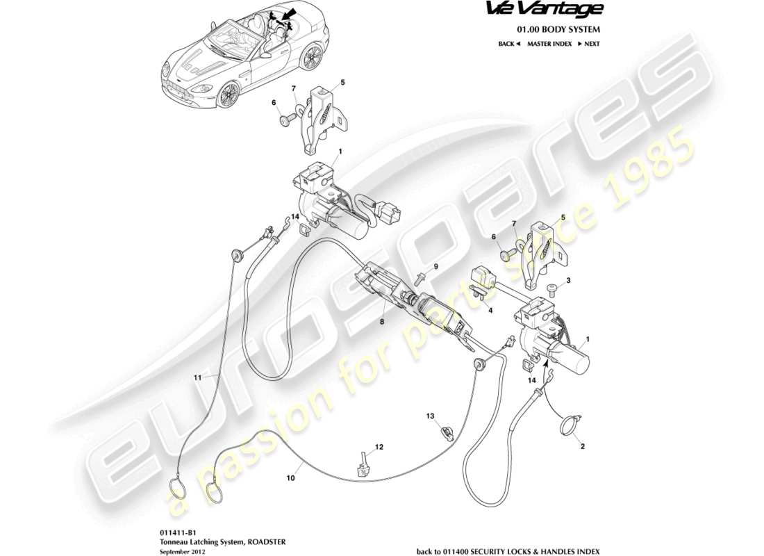 aston martin v12 vantage (2011) tonneau latching system part diagram