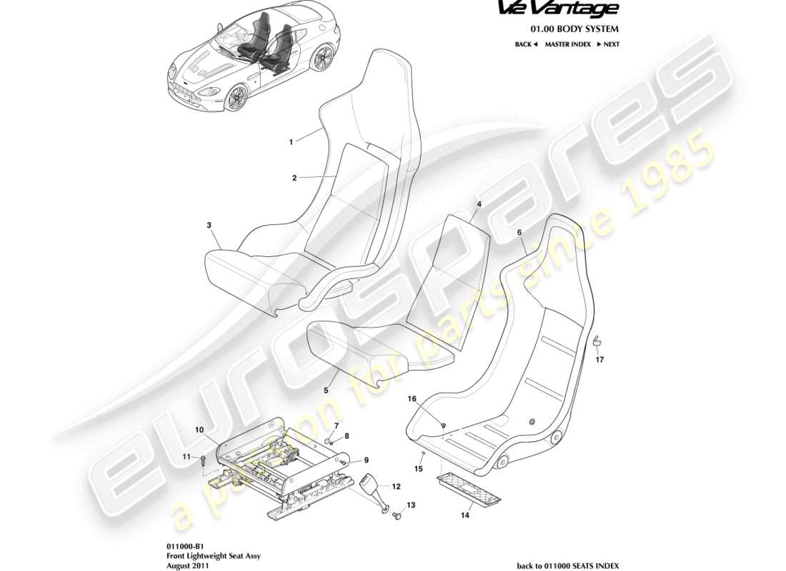 aston martin v12 vantage (2011) front lightweight seat part diagram