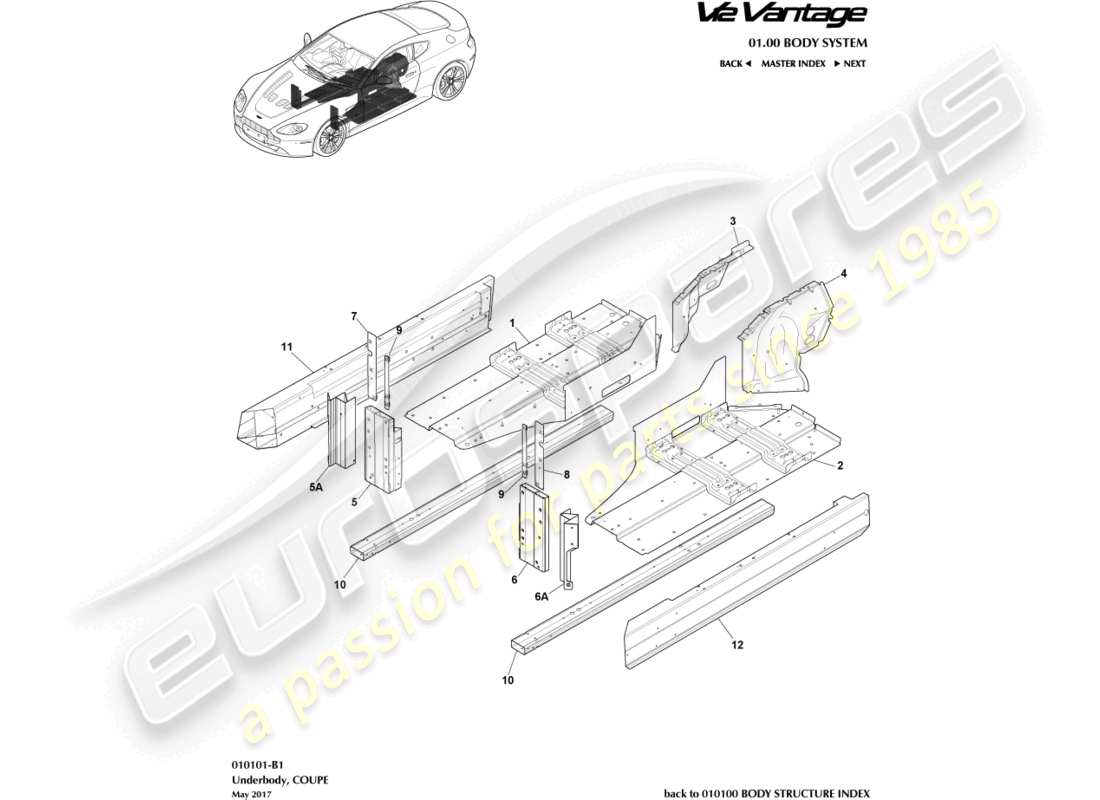 aston martin v12 vantage (2011) underbody, coupe part diagram