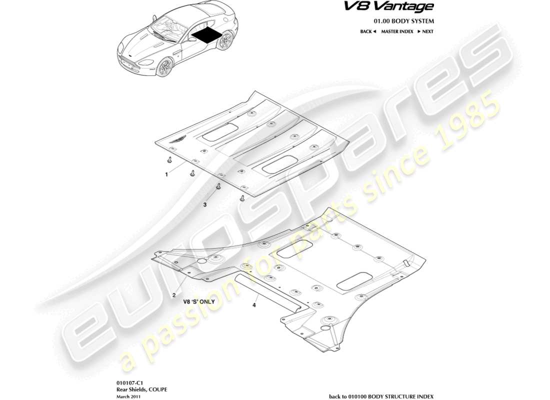 aston martin v8 vantage (2010) rear underbody shields part diagram