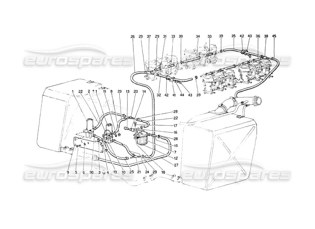FERRARI 512 BB FUEL PUMPS AND FUEL PIPES PART DIAGRAM ferrari 512 bb fuel pumps and fuel pipes part diagram