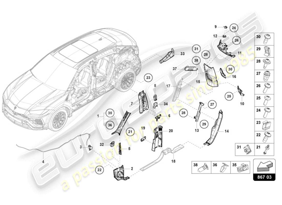 lamborghini urus (2020) pillar trim parts diagram