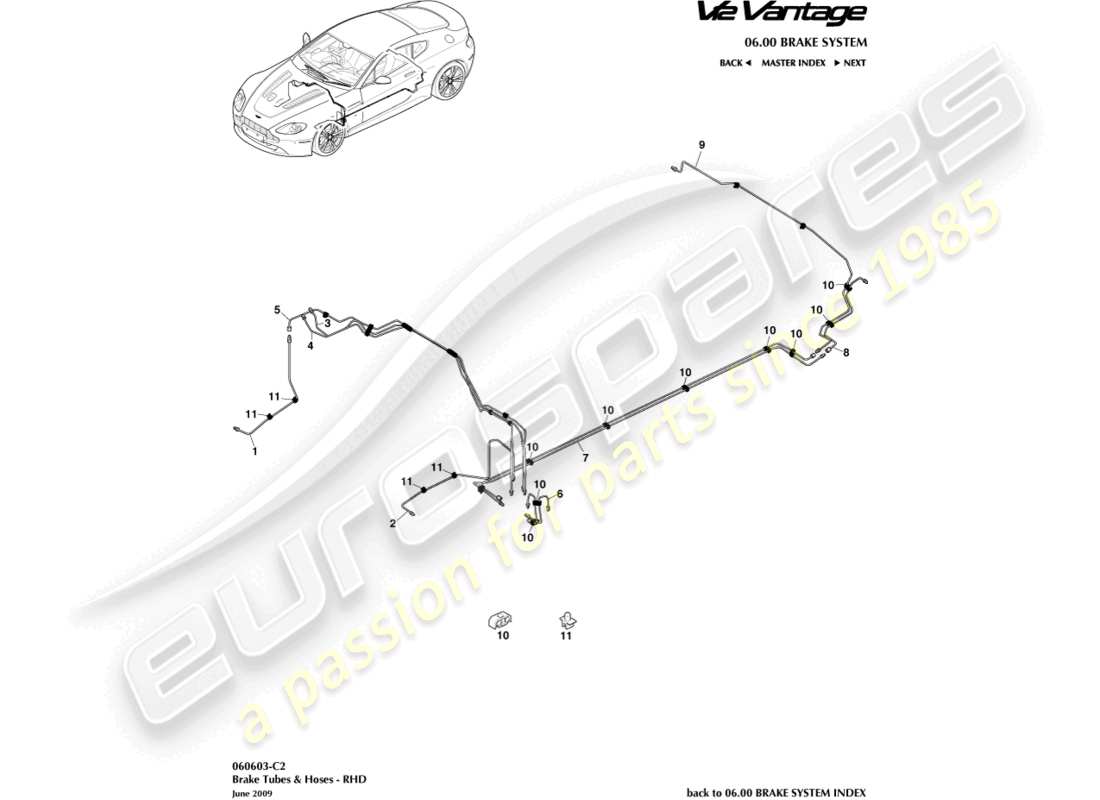 aston martin v12 vantage (2010) brake lines & hoses, rhd part diagram