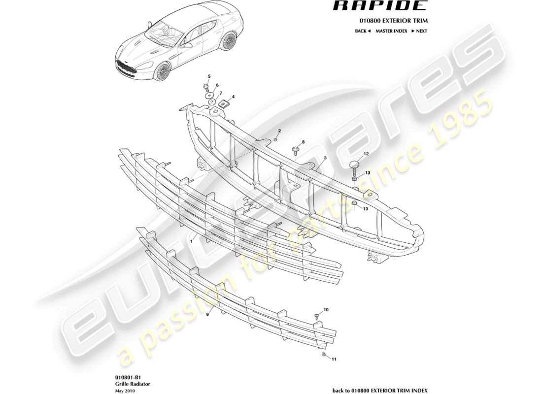 aston martin rapide (2013) radiator grille part diagram