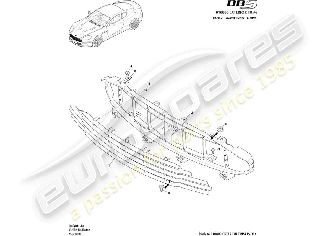 aston martin dbs (2007) radiator grille part diagram