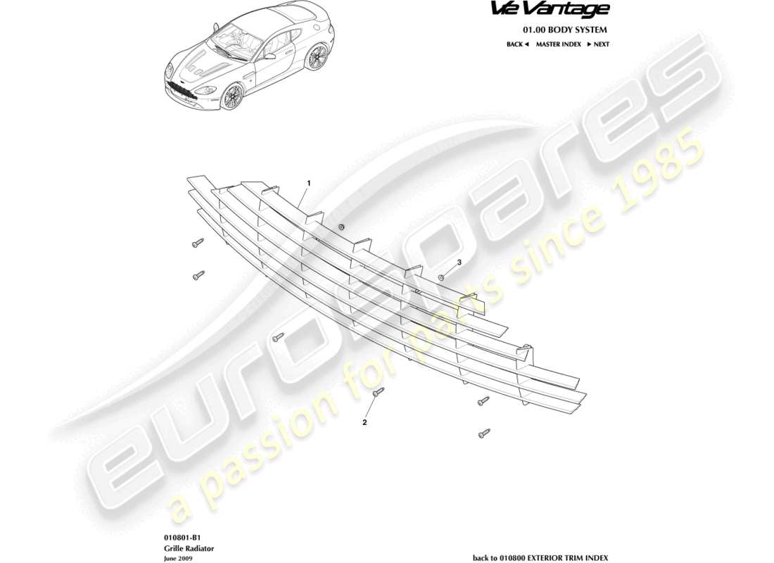 aston martin v12 vantage (2011) radiator grille part diagram