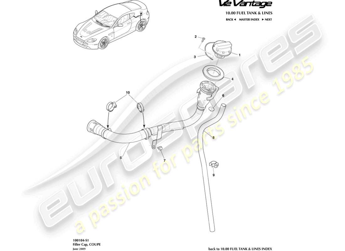 aston martin v12 vantage (2010) fuel filler, coupe part diagram
