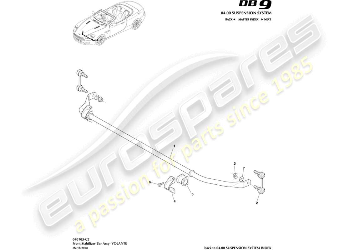 aston martin db9 (2005) front stabiliser bar, volante parts diagram